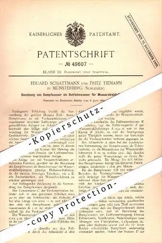 Original Patent -Eduard Schattmann und F. Tiemann in Münsterberg / Ziebice , 1889, Apparat für Dampfmaschine , Schlesien