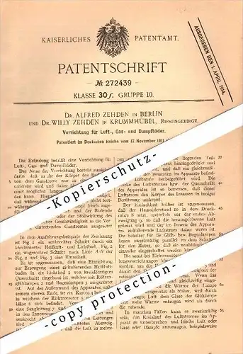 Original Patent - Dr. Willy Zehden in Krummhübel / Karpacz und Berlin ,1911, Apparat für Gas- und Dampfbäder , Schlesien