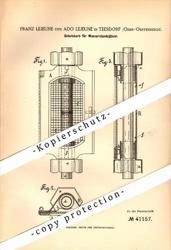 Original Patent - Franz Lejeune in Teesdorf , Oberösterreich , 1886 , Schutzkorb für Wasserstandsgläser !!!