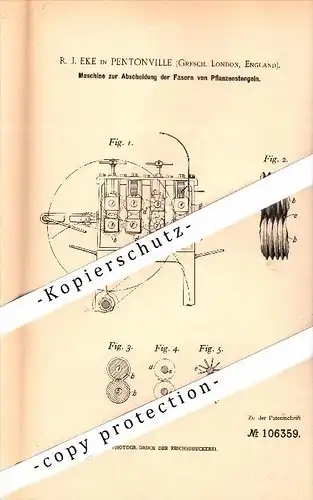 Original Patent - R.J. Eke in Pentonville , London , 1897 , Machine for the deposition of the fibers of plants !!!