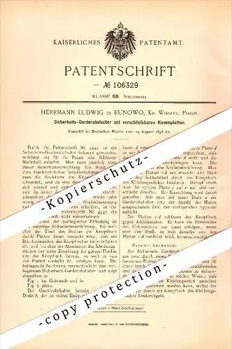 Original Patent - Herrmann Ludwig in Runowo , Kr. Wirsitz / Wyrzysk , 1898 , Sicherheits- Garderobenhalter !!!