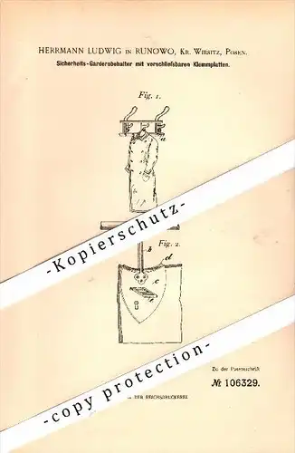 Original Patent - Herrmann Ludwig in Runowo , Kr. Wirsitz / Wyrzysk , 1898 , Sicherheits- Garderobenhalter !!!