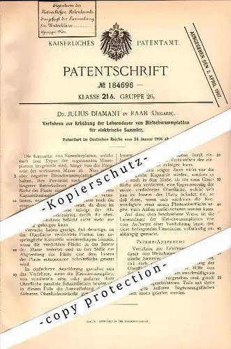 Original Patent - Dr. Julius Diamant in Raab / Györ , Ungarn , 1906 , Lebensdauererhöhung für Batterien !!!