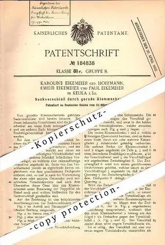 Original Patent - K. Eikemeier in Keula / Helbedündorf i. Th., 1906 , Sackverschluß , Landwirtschaft , Agrar , Hoffmann