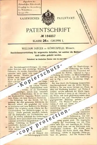 Original Patent - William Jaeger in Königsfeld / Královo Pole , 1906 , Beschickungsanlage für Retorten  !!!