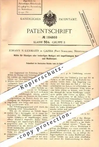 Original Patent - Johann Kiermaier in Gaissa , Post Schalding b. Passau , 1906 , Mühle für flüssiges Mahlgut !!!