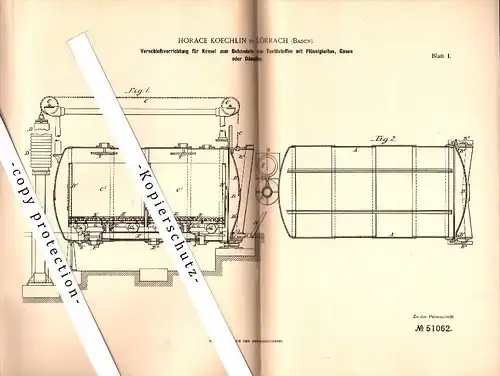 Original Patent - Horace Koechlin in Lörrach , Baden , 1889 , Kessel zur Behandlung von Textilien !!!