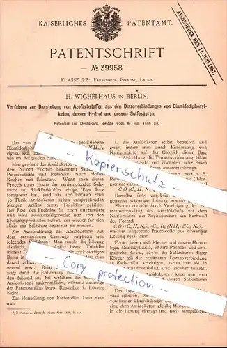 Original Patent - H. Wichelhaus in Berlin , 1886 , Darstellung von Azofarbstoffen !!!