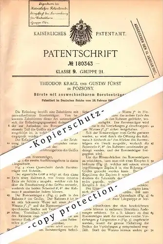 Original Patent - Th. Kragl und G. Fürst in Pozsony / Bratislava , 1905 , auswechselbare Zahnbürste , Pressburg !!!