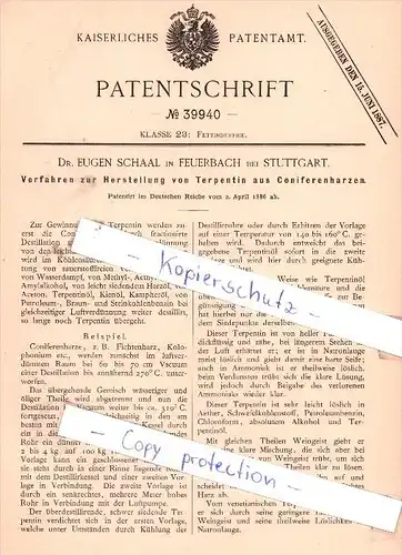 Original Patent - Dr. E. Schaal in Feuerbach bei Stuttgart , 1886 , Herstellung von Terpentin !!!