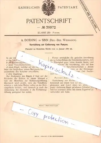 Original Patent - A. Doering in Sinn , Reg.-Bez. Wiesbaden , 1887 , Entleerung von Pumpen !!!