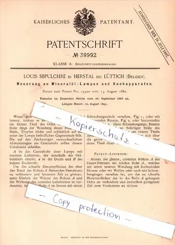 Original Patent - L. Sepulchre in Herstal bei Lüttich , Belgien , 1886 , Mineralöl-Lampen !!!