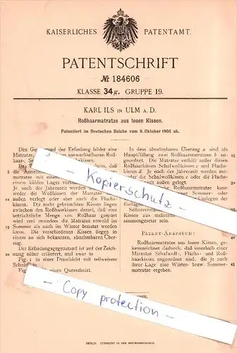 Original Patent - Karl Ils in Ulm a. D. , 1906 , Roßhaarmatratze aus Kissen !!!