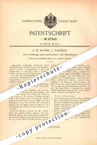 Original Patent - C.W. Hänsel in Tondern , 1896 , Vorrichtung zum Schneiden von Zwieback , Tønder !!!