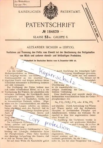 Original Patent - Alexander Sichler in Leipzig , 1903 , Trennung des Fetts vom Eiweiß !!!