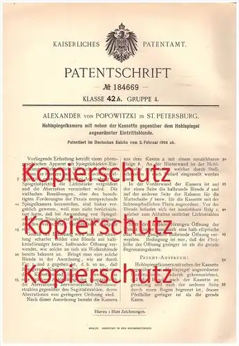 Original Patent - Alexander von Popowitzki in St. Petersburg , 1904 , Hohlspiegelkamera , Kamera , Russland !!!