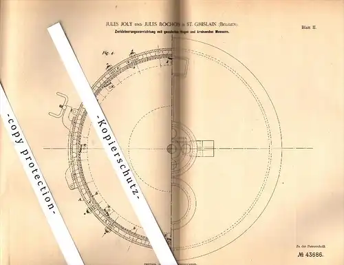 Original Patent - Jules Joly und J. Bochon in Saint-Ghislain , 1887 , Zerkleinerungsapparat , Maschine !!!