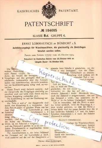 Original Patent - E. Lommatzsch in Bösdorf i. S. , 1905 , Antriebsvorgelege für Waschmaschinen !!!