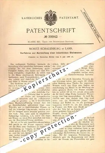 Original Patent - Moritz Schauenburg in Lahr / Schwarzwald , 1886 , Herstellung künstlicher Steine , Bau , Keramik !!!