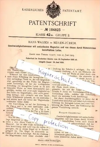Original Patent - H. Walder in Meilen-Zürich , 1905 , Geschweindikeitsmesser mit Magneten !!!