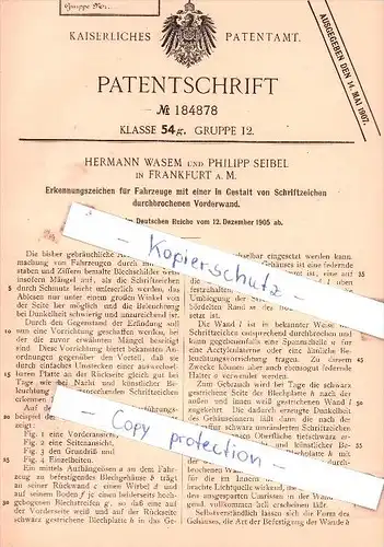 Original Patent -  H. Wasem und P. Seibel in Frankfurt a. M. , 1905 , Erkennungszeichen !!!