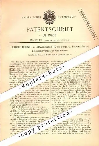 Original Patent -Rudolf Dehnke in Amalienhof b. Strelno / Strzelno , 1886 , Sicherung für Gewehre , Jagd , Gewehr !!!