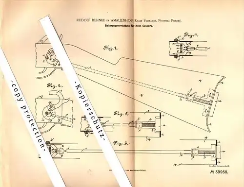 Original Patent -Rudolf Dehnke in Amalienhof b. Strelno / Strzelno , 1886 , Sicherung für Gewehre , Jagd , Gewehr !!!