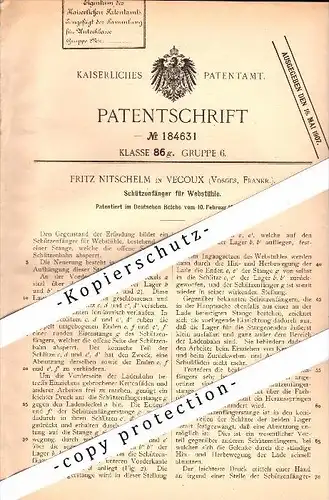 Original Patent -Fritz Nitschelm à Vecoux , Vosges , 1906 , Appareil pour métier , tissage !!!