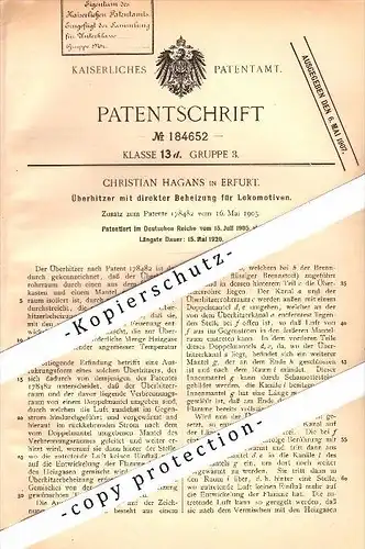 Original Patent - Christian Hagans in Erfurt , 1905 , Überhitzer mit Beheizung für Lokomotiven !!!