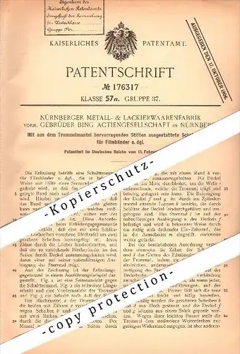 Original Patent - Gebrüder Bing AG in Nürnberg , Metall- & Lackierwaarenfabrik , 1906 , Schalttrommel für Filmbänder !!!