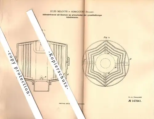 Original Patent - Jules Mélotte in Remicourt , Belgien , 1902 , Schleudertrommel mit prismatischen Scheidewänden !!!