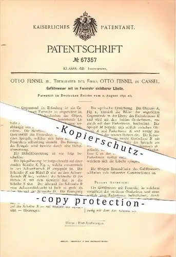 original Patent - Otto Fennel Jr. , Otto Fennel in Kassel , 1892 , Gefällmesser , Fernrohr , Linse , Libelle !!!