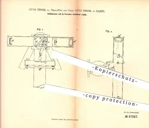 original Patent - Otto Fennel Jr. , Otto Fennel in Kassel , 1892 , Gefällmesser , Fernrohr , Linse , Libelle !!!