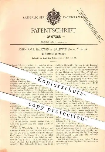 original Patent - John Paul Baldwin in Baldwin , USA  , 1892 , Selbsttätige Waage , Wiegen , Gewicht , Küchenwaage !!!