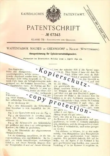 original Patent - Waffenfabrik Mauser in Oberdorf a. Neckar , 1892 , Abzugssicherung für Gewehre , Waffen , Geschosse