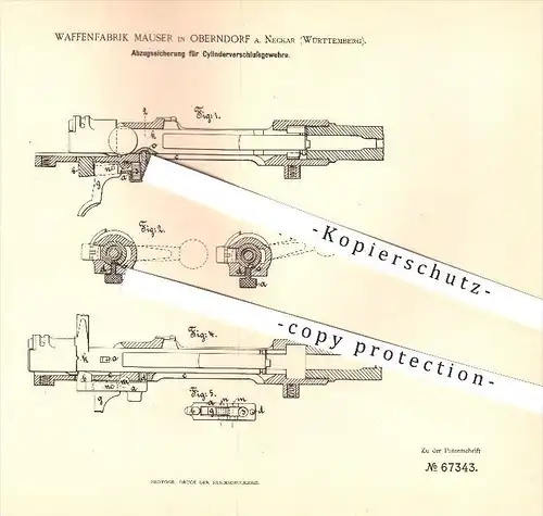original Patent - Waffenfabrik Mauser in Oberdorf a. Neckar , 1892 , Abzugssicherung für Gewehre , Waffen , Geschosse