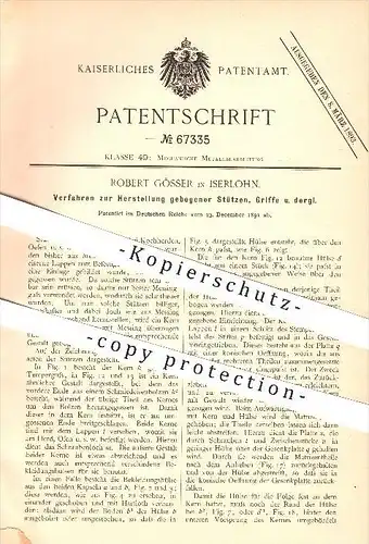 original Patent - Robert Gösser in Iserlohn , 1891 , Herstellung gebogener Stützen, Griffe , Metall , Guss , Metallguss