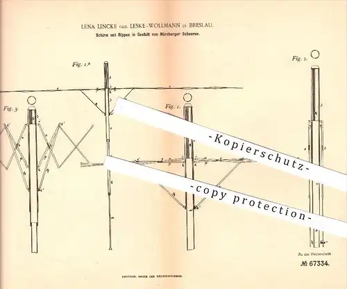 original Patent - Lena Lincke geb. Leske-Wollmann in Breslau , 1891 , Schirm mit Nürnberger Schere , Sonnenschirm !!!