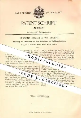 original Patent - Hermann Aschke in Wittenberg , 1892 , Kupplung an Schranken , Bahnschranke , Eisenbahn !!!