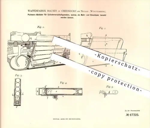 original Patent - Waffenfabrik Mauser in Oberdorf am Neckar , 1892 , Patronen - Absteller für Gewehre , Gewehr , Waffen