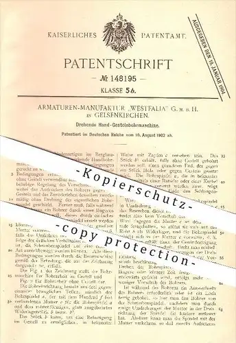 original Patent - Armaturen-Manufaktur Westfalia GmbH in Gelsenkirchen ,1902, Gesteinbohrmaschine , Bohrmaschine , Stein