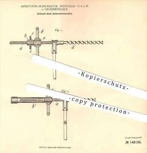 original Patent - Armaturen-Manufaktur Westfalia GmbH in Gelsenkirchen ,1902, Gesteinbohrmaschine , Bohrmaschine , Stein