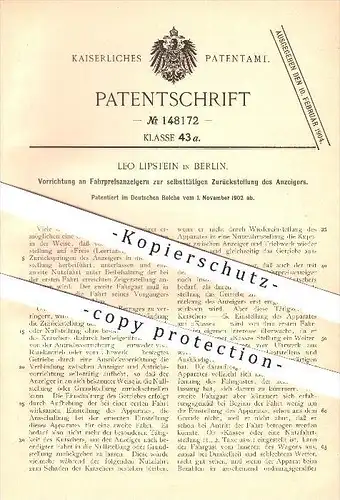 original Patent - Leo Lipstein in Berlin , 1902 , Fahrpreisanzeiger , Kutsche , Kutscher , Taxi , Getriebe !!!