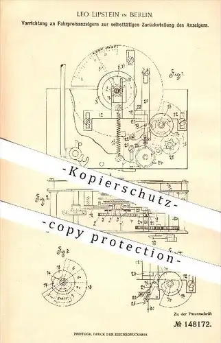 original Patent - Leo Lipstein in Berlin , 1902 , Fahrpreisanzeiger , Kutsche , Kutscher , Taxi , Getriebe !!!