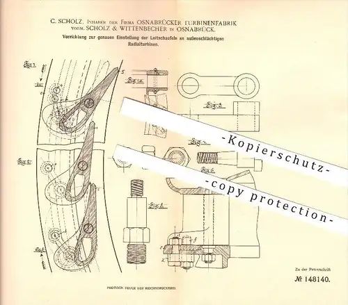 original Patent - C. Scholz , Osnabrücker Turbinenfabrik , Scholz & Wittenbrecher in Osnabrück , 1903 , Radialturbine !!