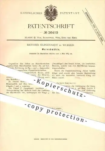 original Patent - Richard Klinkhardt in Wurzen , 1883 , Maischmühle , Mühle , Mühlen , Maische !!!