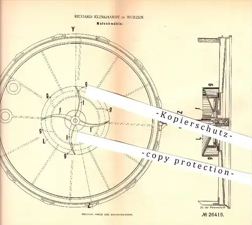 original Patent - Richard Klinkhardt in Wurzen , 1883 , Maischmühle , Mühle , Mühlen , Maische !!!