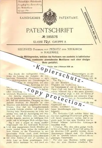 original Patent - Siegfried Freiherr von Zedlitz und Neukirch in Halensee , 1906, Bockvisier für Militärgewehre , Gewehr