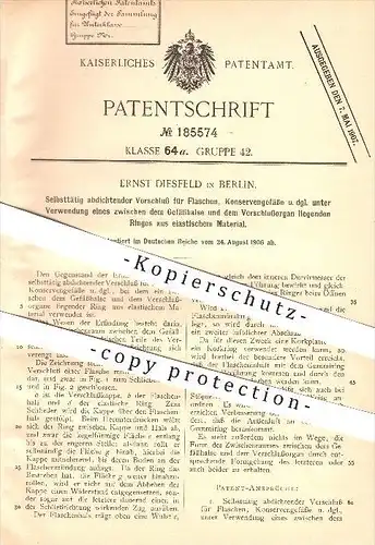original Patent - Ernst Diesfeld in Berlin , 1906 , Verschluss für Flaschen , Konserven , Haushalt , Flasche !!!