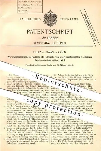 original Patent - Fritz de Haas in Köln , 1904 , Warmwasserheizung , Heizung , Heizungsanlage , Warmwasser !!!